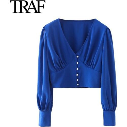 TRAF Women Fashion Blue Shirts Pearl Button V-neck Long Sleeve Blouses French Elegant Office Ladies Tops Mujer