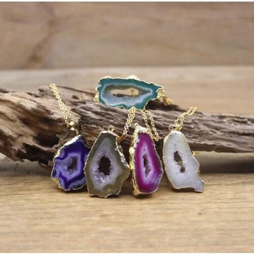 Boho Colourful Natural Agates Druzy Geode Pendants Golden Necklaces,Raw Quartz Drusy Charms Chains Women Jewelry Dropship,QC3073