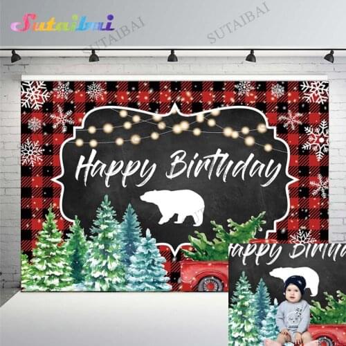 Baby 1st Birthday Backdrop Winter Christmas Lumberjack Truck Red Black Plaid Snowflake Photography Background for Children Party