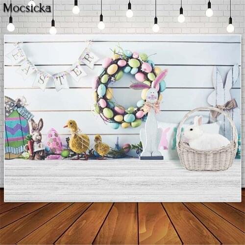 Mocsick Spring Easter Cake Smash Photography Backdrops Bunny Egg Chick Decor Wooden Board Photo Props Studio Booth Background