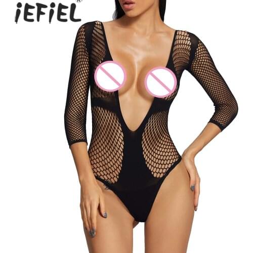 Women Long Sleeve Hollow Out Patchwork Bodysuit Rhinestone Decor Catsuit Teddies See-through Sexy Lingerie Jumpsuit Underwear