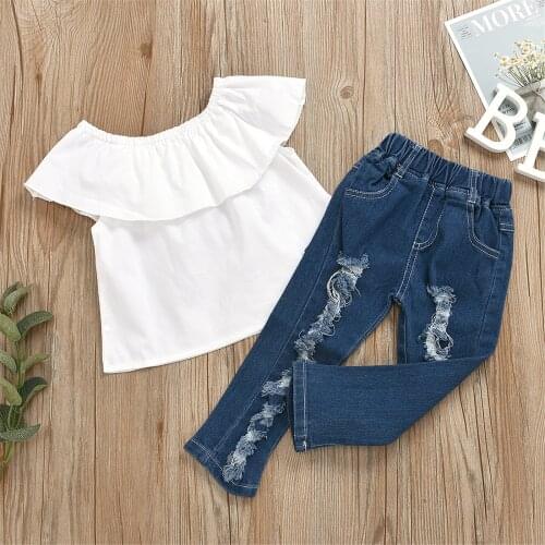 Toddler Kids Baby Girls 2Pcs Outfit Set Off Shoulder Solid Tops+Pokets Ripped Jeans Set for Children Infant Casual Outfits