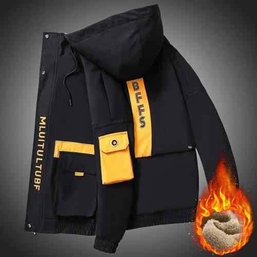 Mens Jackets Casual Male Outwear Fleece Thick Warm Windbreaker Men Zip Up Letter Graphic Patch Contrast Sleeve Hooded Jacket