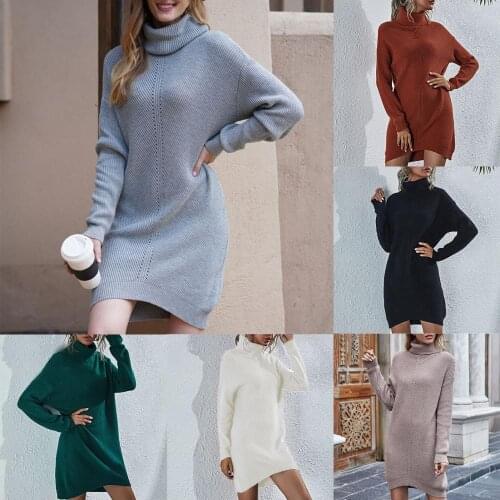 Fashion Turtleneck Long Sleeve Sweater Women Solid Color Loose Knitted Pullover Sweater Casual Knitted Dress for Autumn Winter
