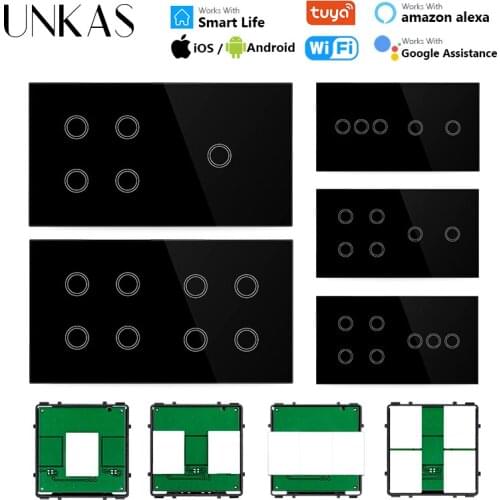 UNKAS Modules DIY Free Combination 2 3 4 5 6 7 8 Gang EU Matching Wifi Touch On/Off Smart Switch Black Glass 157mm Panel Outlet