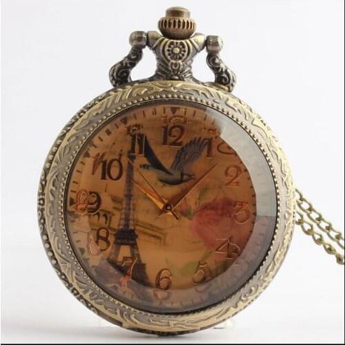 Wholesale price good quality fashion lady quartz girl new bronze Dark brown glass butterfly pocket watch necklace with chain