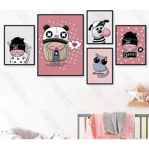 Wild Boar Girl Cartoon Poster Nordic Style Waterproof Ok Canvas Art Print Painting Modern Bedroom Wall Stickers