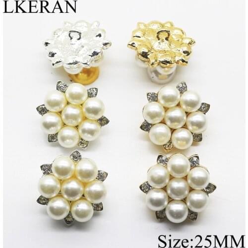10pcs 25mm Ivory Pearl Alloy Buttons Shank Diamond button Wedding Accessories Gold&silver for garment accessories DIY materials