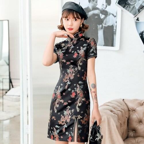Sexy Black Mini Slim Qipao Plus Size Cheongsam Exquisite Dragon and Phoenix Chinese Dress Traditional Chinese Women Vestidos