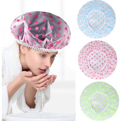 Waterproof Shower Cap Thicken Elastic Hair Salon Cover Cap Women Cute Dots Bath Caps Hat Bathroom Accessories Hair Bonnet Cap