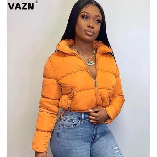 VAZN 2020 Winter Hot Sales Energy Orange Down Jackets Solid Full Sleeve High-end Free Elastic Braid Top Women Short Outwears