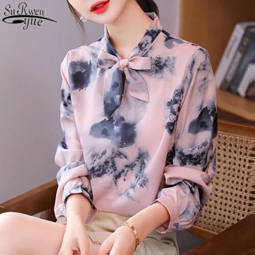 2021 Spring New Lantern Sleeve Blouse Women Bow Ladies Pullover Office Lady Print Plus Size Shirt for Women Fashion Clothing