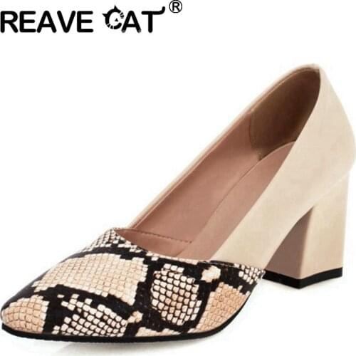 REAVE CAT New 2021 Women Pumps Round Toe 7cm Block Heels Slip-On Patchwork Snake-Skin Sexy Stylish Big Size 32-48 Casual A3872