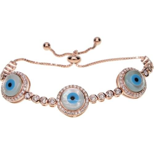 Authentic silver plated rose gold color white pearl Eye Tennis Bracelet for Women Adjustable Chain Bracelet turkish jewelry