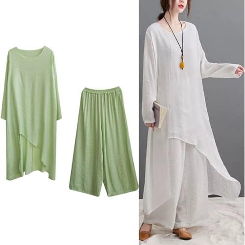 Cotton Linen Loose Casual Sets Women Clothes Suits Loose Long Tops+Wide leg pants Two Piece Set 2021 Fashion Suits