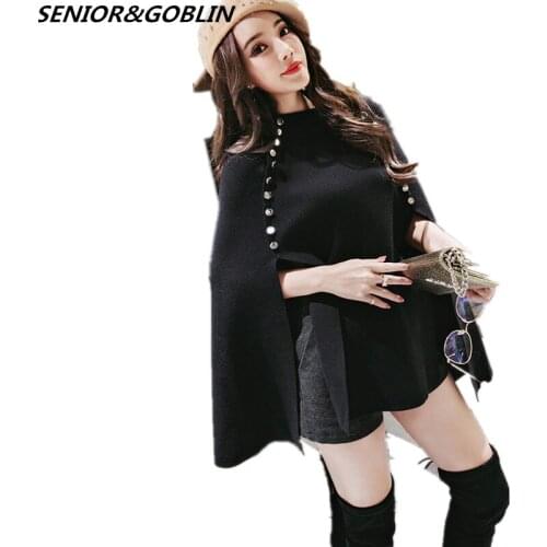 2019 Spring Winter Women Black Gray Red Double Breasted Ponchos Capes Pullover Knitted Sweater Femme Batwing Sleeve Pull Coat XL