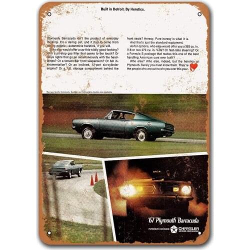 1967 Plymouth Sports Barracuda Old Car Tin Sign, Sisoso Vintage Metal Plaques Poster Man Cave Bar Retro Wall Decor 12x16 inch