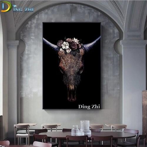 Nordic 5D Diy Diamond Painting Bull Skull Carved Pattern Flowers Cross Stitch Embroidery Full Square Round Drill Mosaic Decor