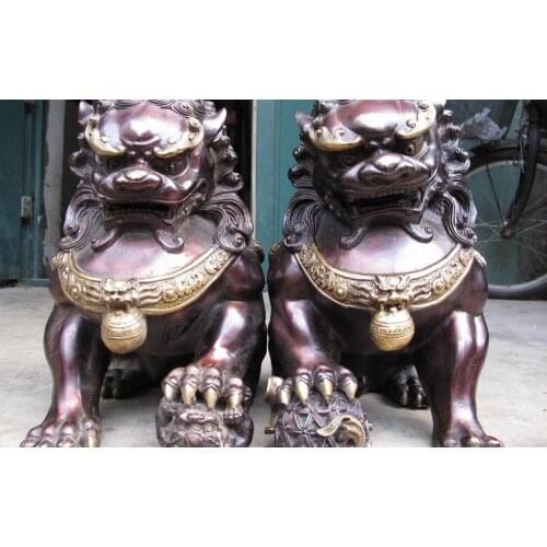 Big Chinese Red Bronze Copper Evil talisman Fu Foo Dogs Door Lion Pair Statue