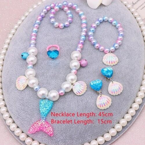 Childrens Mermaid Set (Necklace Bracelet Ring earrings)Pearl necklace set girls party accessories Shell necklace set