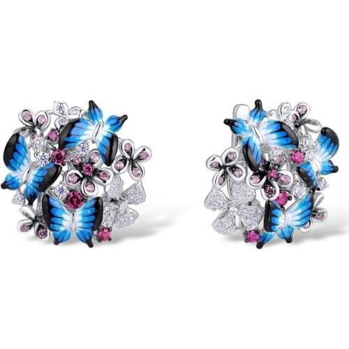Elegant Blue Butterfly Flower Stud Earrings for Women Enamel Shiny Zircon Ear Stud Wedding Earrings Jewelry Gifts