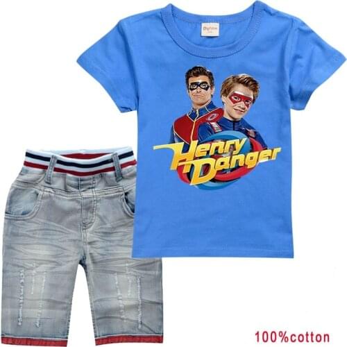 Cool Kid Boys Summer Clothes Outfit Fashion Henry Danger Print Short-sleeved T-shirt Denim Shorts Set Children Pants Clothing