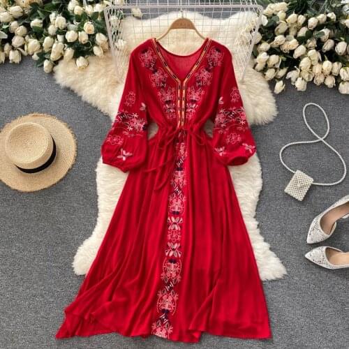 Jastie 2021 Autumn Retro Ethnic Flower Embroidery Women Dresses V-neck Drawstring Tie Waist Mid-length Beach Holiday Dress