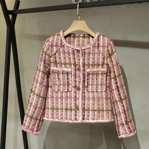 2020 Autumn Fashion Women Pink Plaid Tweed Jacket Female Luxury Chic New Coat Outerwear