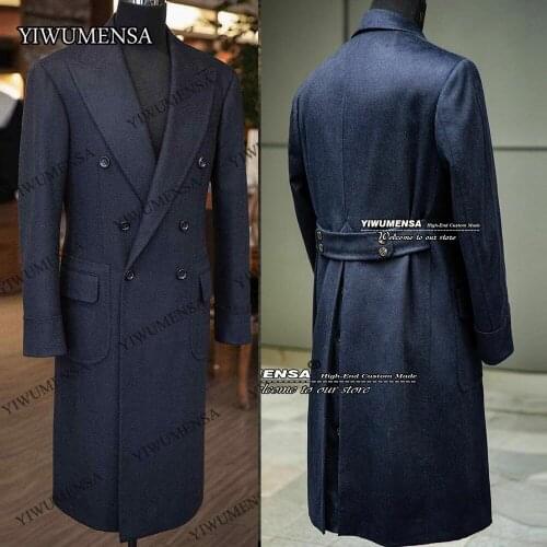 YIWUMENSA Tweed Woolen Blend Grey/Navy Blue Formal Wedding Tuxedo Peak Lapel Double-Breasted Blazers Only Coat Mens Jacket 2021