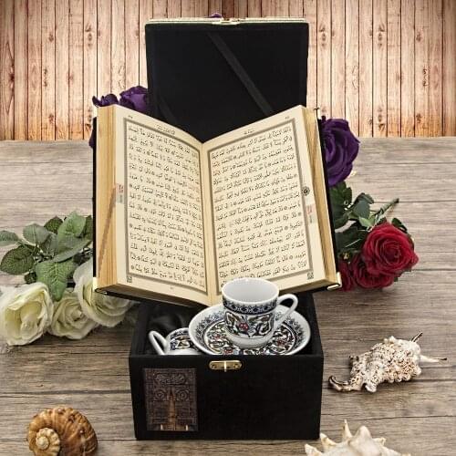 Set of 2 Cups in Velvet Covered Box - Velvet Covered Quran Kaaba Door Motif Black Set FREE SHİPPİNG
