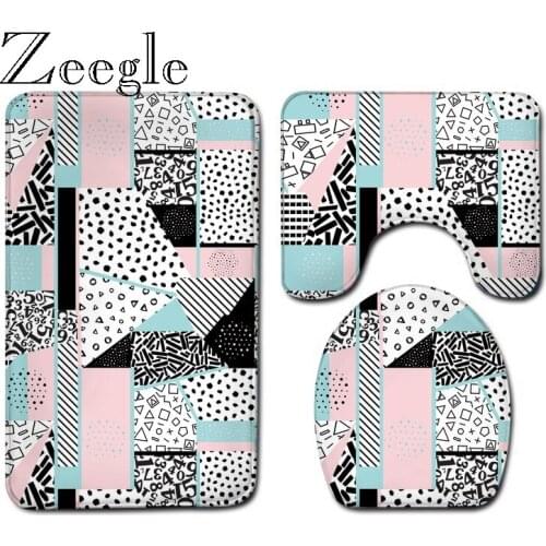 Printed Bath Mat Set Shower Room Decor Toilet Mat Anti-slip Toilet Seat Cover Mat Shower Floor Rug Flannel Bathroom Carpet Set