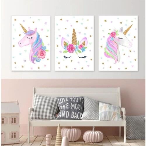 Wall Art Pictures Kids Living Room Decoration Cartoon Pink Unicorn Poster Baby Room Nursery Prints Art Canvas Painting