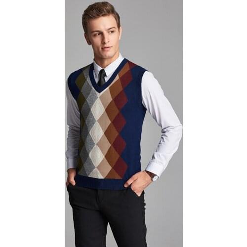 New Arrival Mens 2016 Autumn Fashion Argyle Front Cashmere V Neck Sweater Vest