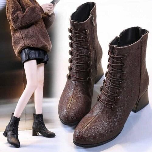 Autumn and winter new fashion round toe womens shoes with buckle high-heeled thick heels and velvet short-tube womens boots