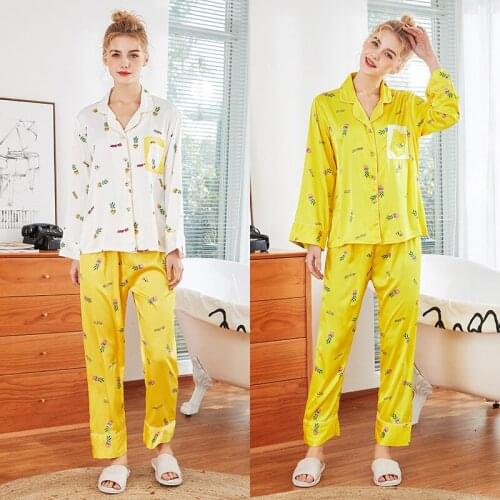 Womens Silk Satin Pyjamas Set 2019Spring New Long Sleeve Trousers Sleepwear Suit Female Home Clothes Two Piece Set Plus Size 633