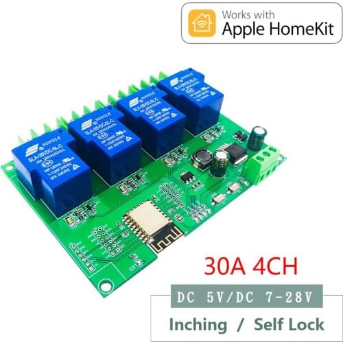 Homekit 4CH 30A WiFi Relay Module Inching Switch Self-locking Entry Access Gate Control DC 5V 12V 7V-28V