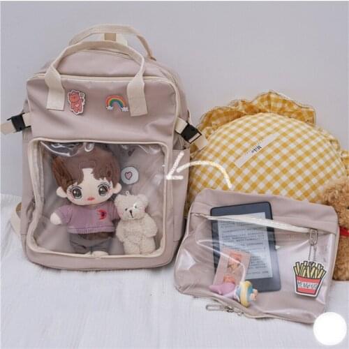 Backpack for Teenager Girls Waterproof Nylon School Backpack Clear PVC Bag for Badges Dolls Casual Shoulder Bag