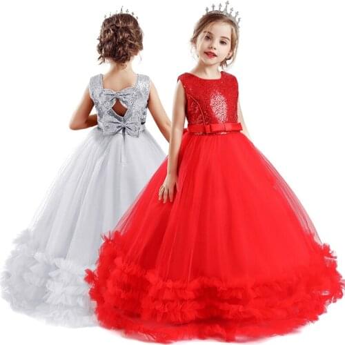 Sequins Bow-Knot Kids Dresses for Girls New Year Costume Luxury Flower Wedding Gown Princess Dress 6 10 12 14 Teen Girls Clothes