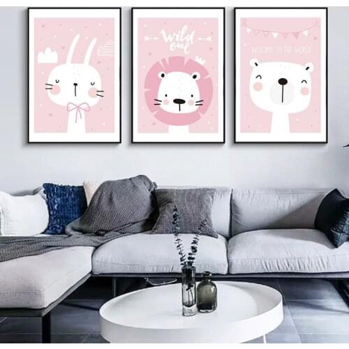 Nordic Modern Cartoon Lovely Rabbit Lion Animal PrintArt Living Room Childrens Room Decorative Canvas Painting Wall Art Paris