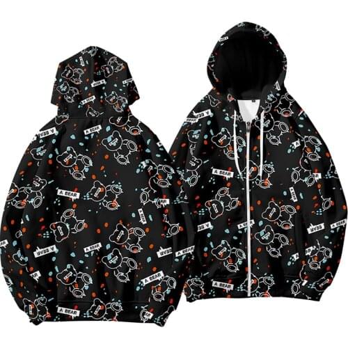 Fashion Black White Bear Cartoon 3d Hoody Costume Men Women Zipper Hoodies Jacket Tops Pocket Long Sleeve Hooded Sweatshirts 4XL