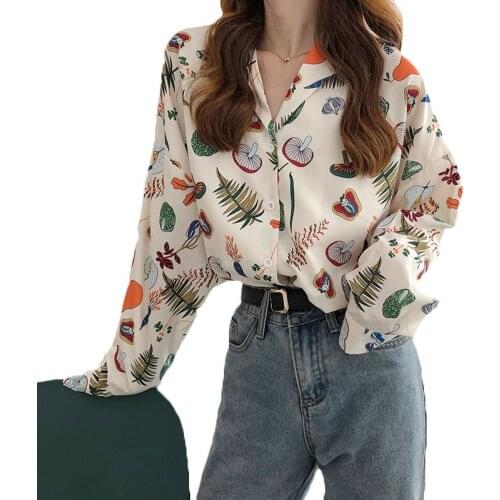 2021 Spring Autumn Blouse Long-sleeved Floral Shirt Womens Clothes Hong Kong Style Retro Jacket Loose Shirts 165A