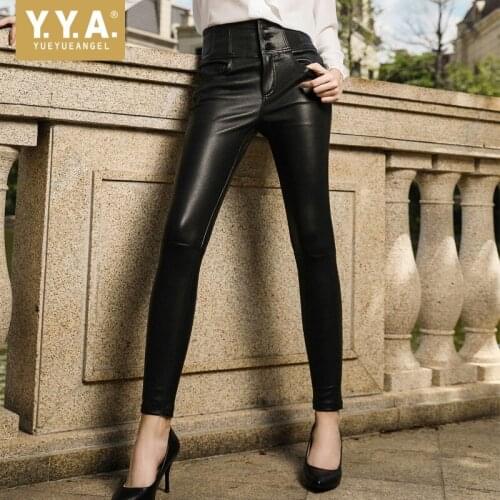 Women Elegant High Waist Stretch Genuine Leather Trousers Office Lady Sheepskin Skinny Pencil Pants Streetwear Buttons Pants