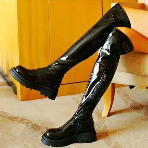 Punk Goth Women Patent Leather Round Toe Thigh High Boots Over the Knee Platform Creeper Shoes Party Oxfords Casual Shoes 35 -43