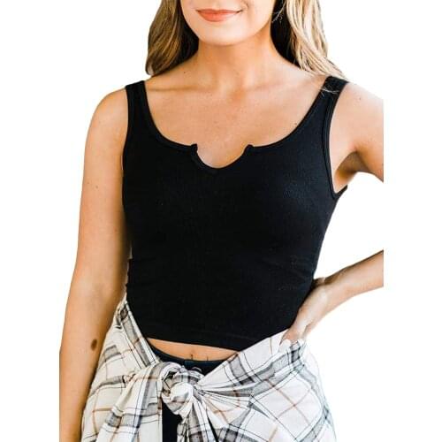 Womens Casual Tops Sleeveless Crop TopsSexy Notch V Neck Solid Color Ribbed Knit Tank Tops 4 Colors