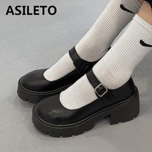 ASILETO Small leather Shoes Women 2021 Spring Autumn Mary Jane Japanese Thick Square High Heels Retro Platform Shoes Women S2192