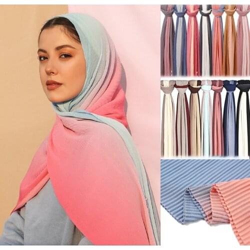 Muslim Fashion Ombre Crinkle Chiffon Scarf Female Autumn Luxury Gradient Pleated Chiffon Scarves Long Wrinkle Islamic Bandana