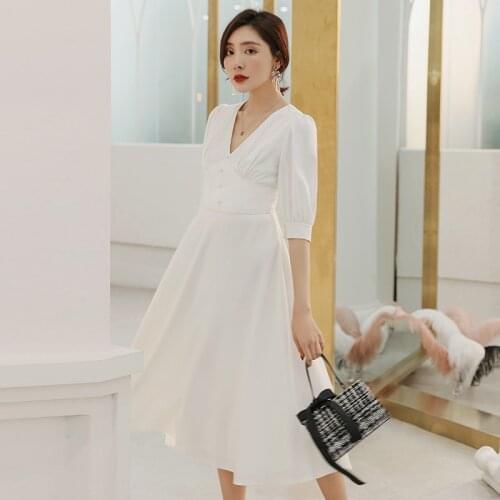 YIGELILA Woman Fashion White Long Dress V-neck Lantern Sleeves Empire Slim Solid Dress Mid-calf Elegant Dress 64810