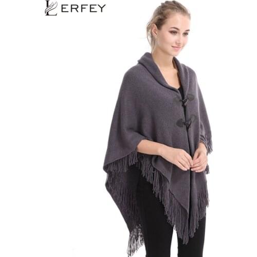 LERFEY Women Poncho Tassel Shawls Tassel Pashmina Horn Buttons Knitted Tops Female Loose Knitwear Wrap Pull Pullovers Cape