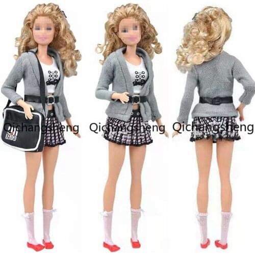 Cosplay 11.5" Dolls Accessories Gray Knitted Winter Sweater Coat Shirt Skirt Bag Socks Shoes Outfits For Barbie Doll Clothes 1/6
