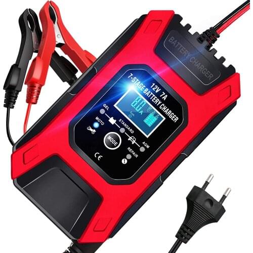 FOXSUR Automatic 7A 12V 7-Stage Smart Fast Battery Charger Car Motorcycle Pulse Repair Charger Lead Acid Battery Charger